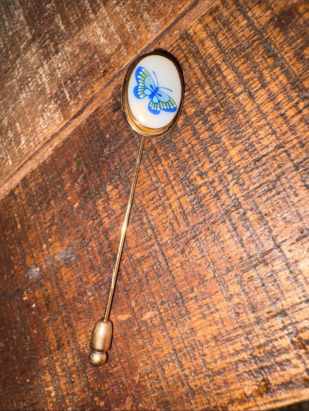 Vintage LENOX 14kgf Gold Stick Pin with Blue Butterfly Enamel Accent
